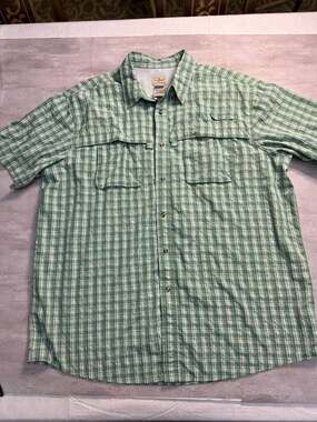 L.L.Bean Men's XXL Tall Green Plaid Short-Sleeve Mesh-Lined Ventilated Fishing S